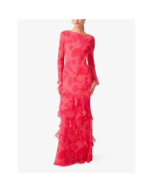 OMNES Red Bridie Blur-Print Chiffon Maxi Dress