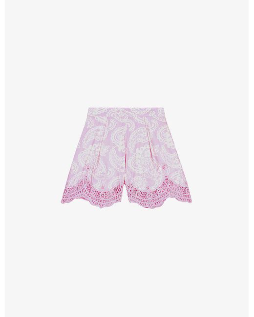 Maje Pink Scalloped-hem Paisley-print Woven Shorts