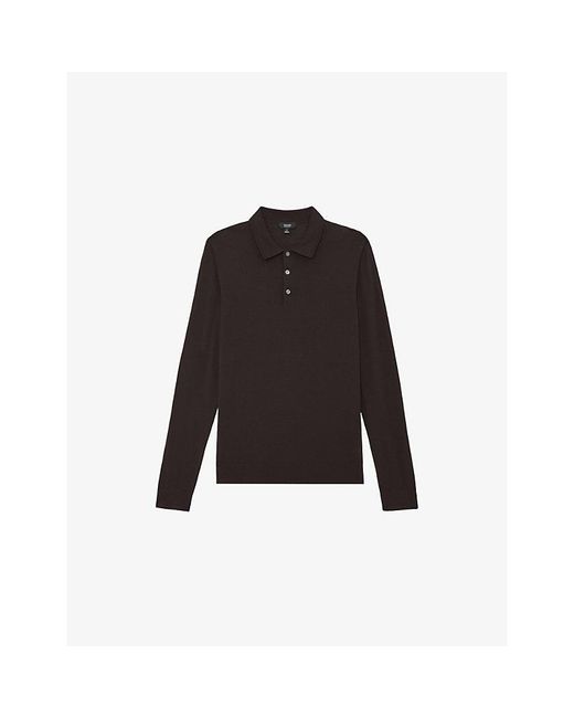 Reiss Black Trafford Long-Sleeved Wool Polo Shirt for men