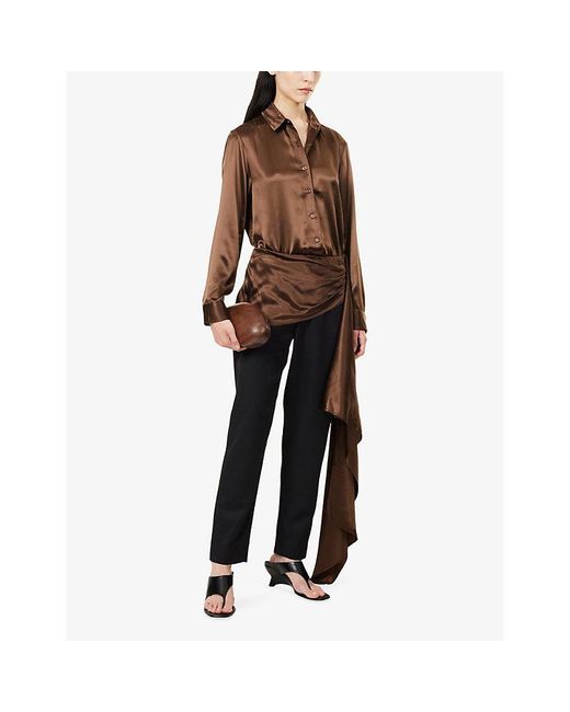 Abadia Brown Long-Sleeve Classic-Collar Satin Shirt