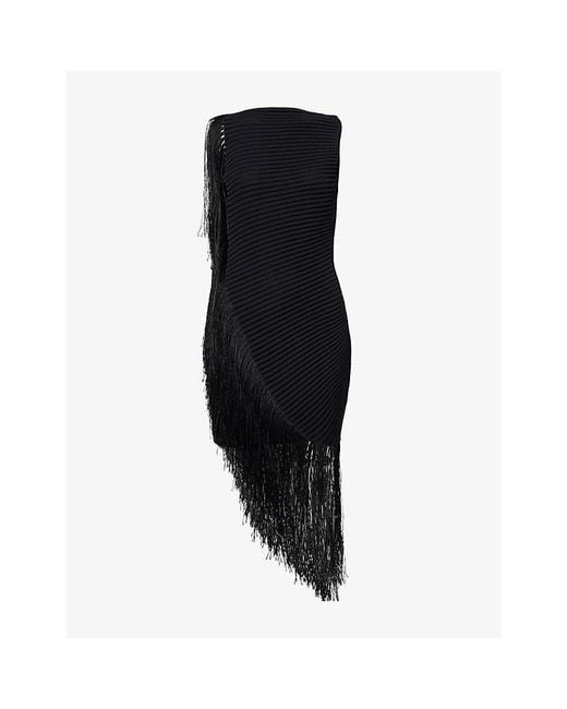 Alaïa Black Asymmetric Fringed Knitted Silk-Blend Midi Dress