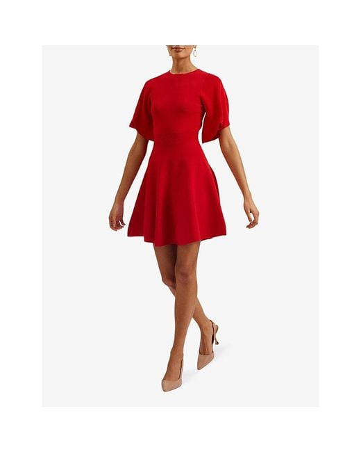 Ted Baker Red Oliviha Fluted-sleeve Ribbed Stretch-knit Mini Dress