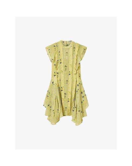 AllSaints Green Fleur Floral-Print Asymmetric-Hem Woven Mini Dress