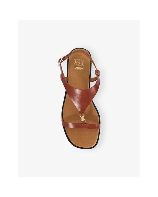 Dune Brown Laith T-Bar Leather Flat Sandals