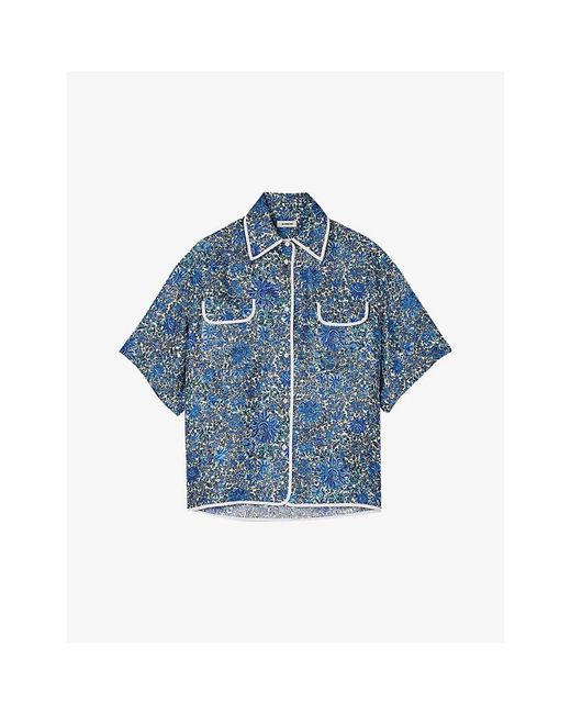 Sandro Blue Floral-print Relaxed-fit Silk Shirt