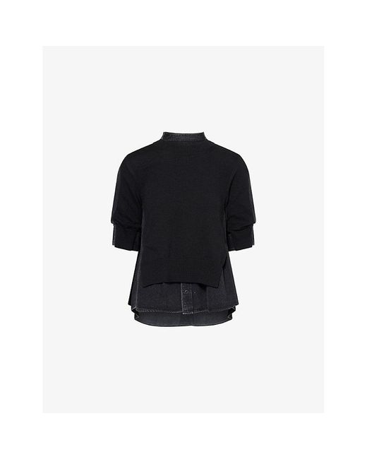 Sacai Black Contrast-Denim Short-Sleeves Cotton-Blend Jumper