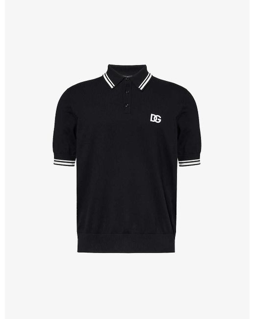 Dolce & Gabbana Black Brand-embroidered Short-sleeved Cotton-blend Polo Shirt for men