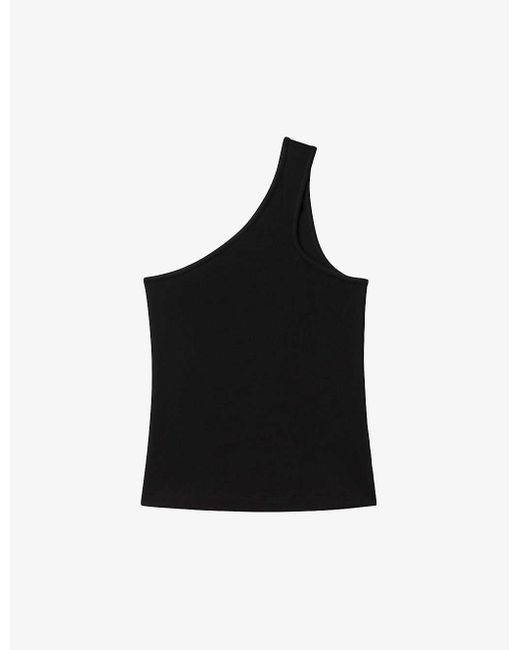 Reiss Black Ria One-shoulder Ribbed Stretch-cotton Top