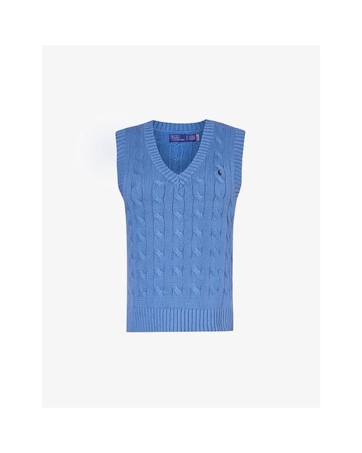 Polo Ralph Lauren Blue V-neck Logo-embroidered Cotton Knitted Vest X