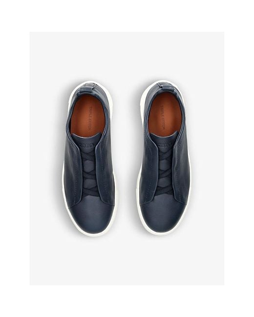 Zegna Blue Leather Triple Stitch Secondskin Sneakers for men