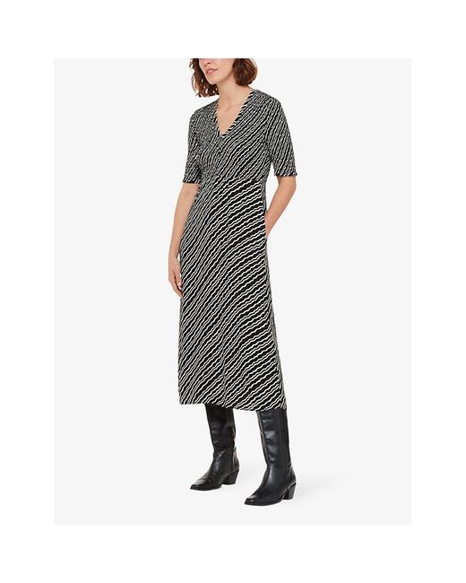 Whistles Gray Graphic-print Shirred-bodice Woven Midi Dress