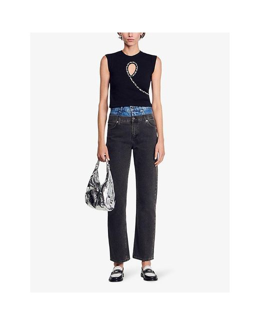 Sandro Black Crystal-embellished Cut-out Stretch-cotton Top