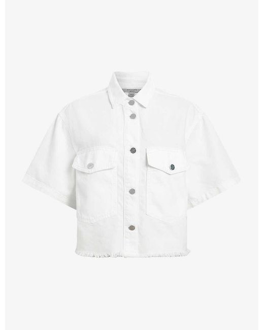 AllSaints White Tove Relaxed-fit Short-sleeve Cropped Cotton-blend Shirt