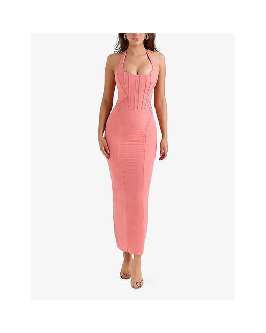 House Of Cb Pink Lusilla Halterneck Stretch-Mesh Midi Dress Xs (A-C Cup)