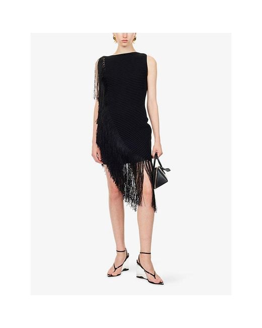 Alaïa Black Asymmetric Fringed Knitted Silk-Blend Midi Dress