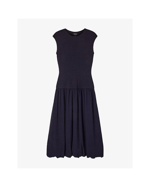 Whistles Blue Crewneck Bubble-Hem Stretch-Knit Midi Dress