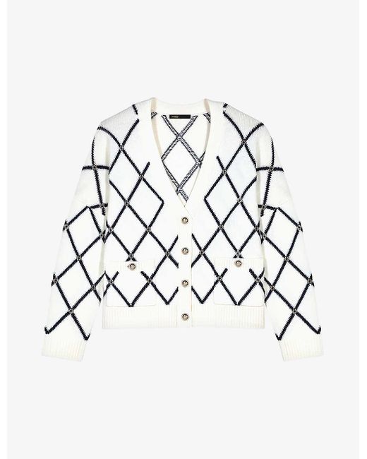 Maje White Diamond-pattern V-neck Knitted Cardigan