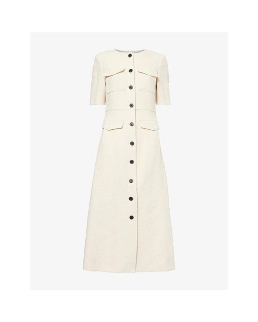 ME+EM Natural Button-Front Shift Tweed Maxi Dress