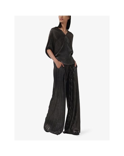eem Black Plisse Elasticated-Waistband Wide-Leg Mid-Rise Trousers