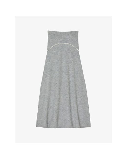 Sandro Gray Contrast-Piping Knitted Wool Maxi Skirt