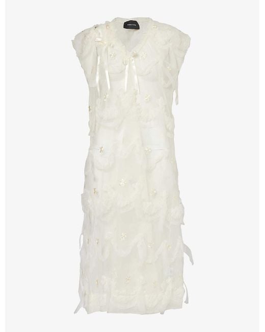 Simone Rocha White Floral-embroidered Bow-embellished Woven Midi Dress