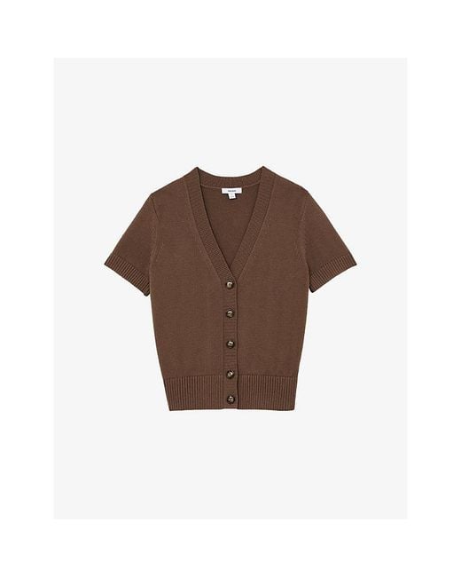 Reiss Brown V-Neck Short-Sleeve Cotton And Wool-Blend Cardigan
