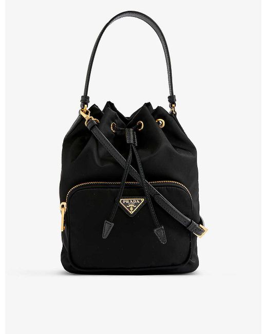 Prada Duet Brand-plaque Woven Bucket Bag in Black | Lyst