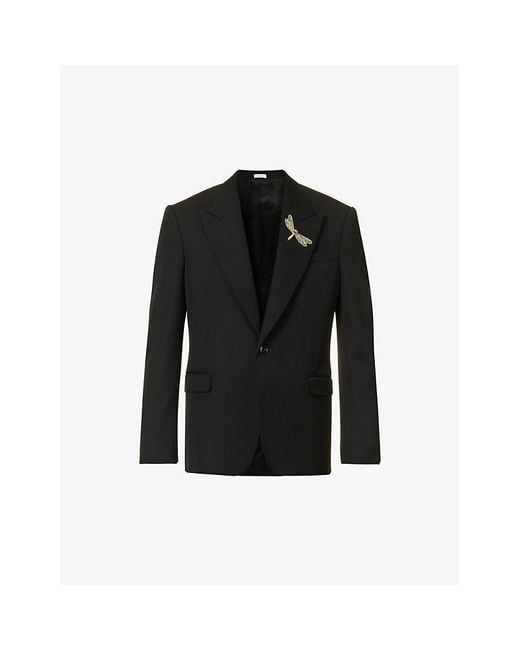 Alexander McQueen Black Dragonfly-embellished Single-breasted Wool Jacket for men