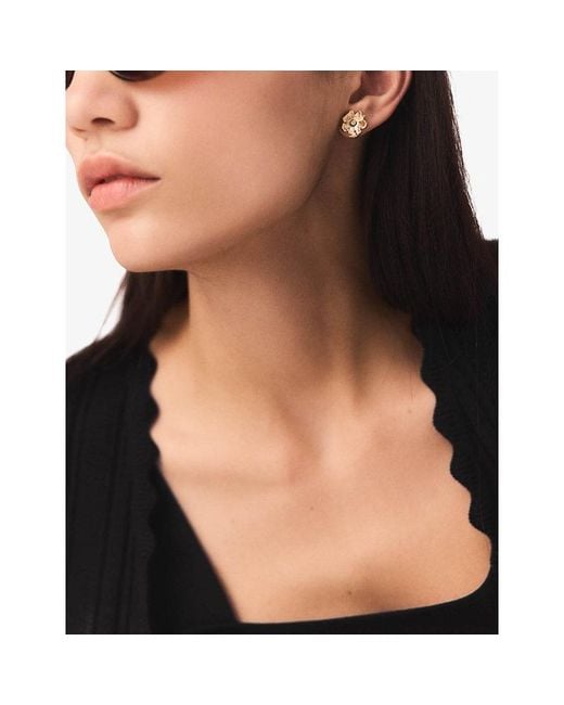 Maje Metallic Flower Brass And Crystal Stud Earrings