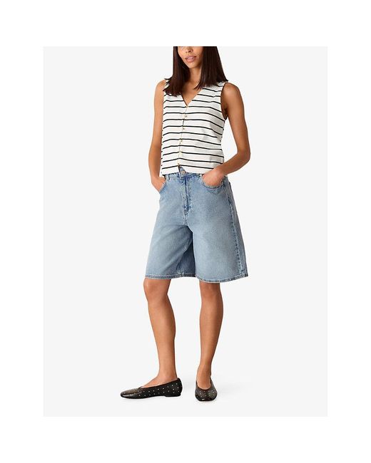Whistles White Stripe-Print Button-Front Stretch-Cotton Tank Top