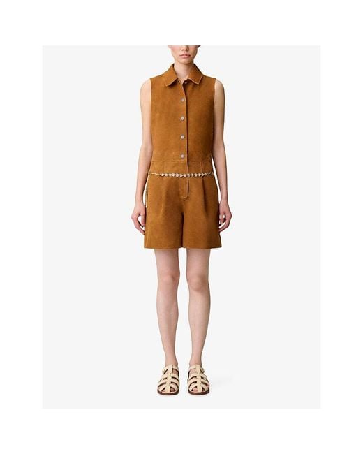 Claudie Pierlot Brown Sleeveless Brand-Embroidered Suede Playsuit