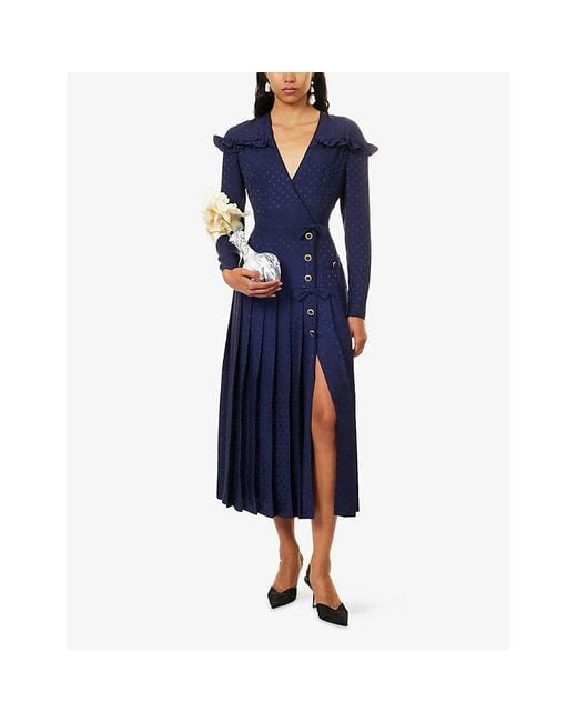Alessandra Rich Blue Pleated Jacquard Silk Midi Dress