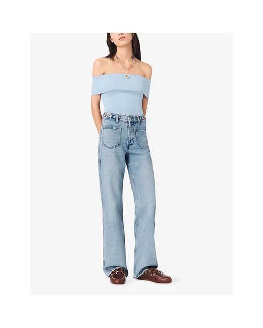 Maje Blue Ribbed Bardot-Neck Stretch-Knit Top
