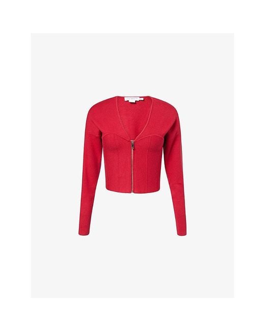 GOOD AMERICAN Red Bustier V-Neck Knitted Cardigan