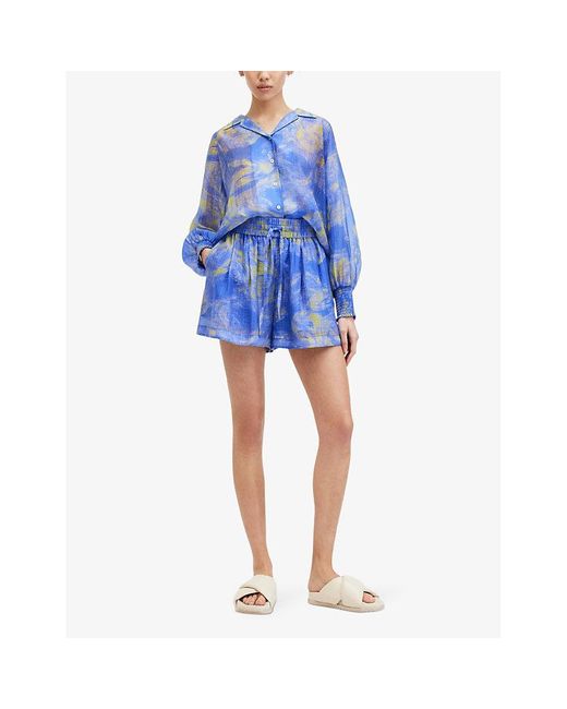 AllSaints Blue Isla Graphic-print High-rise Woven Shorts