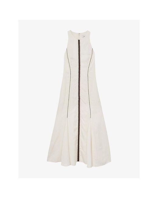 Reiss White Inaya Craft-Stitch Linen-Blend Midi Dress