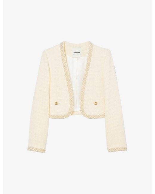 Sandro White Faux Pearl-embellished Tweed-textured Cotton-blend Jacket