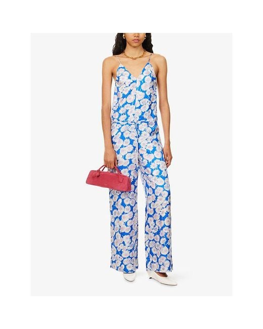 Stella McCartney Blue Daisy-Print Drawstring Silk Jumpsuit