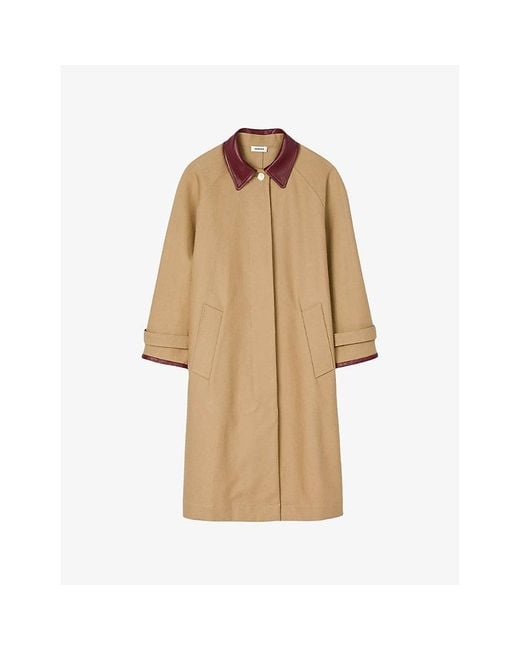 Sandro Natural Leather-Collar Side-Pocket Cotton Coat