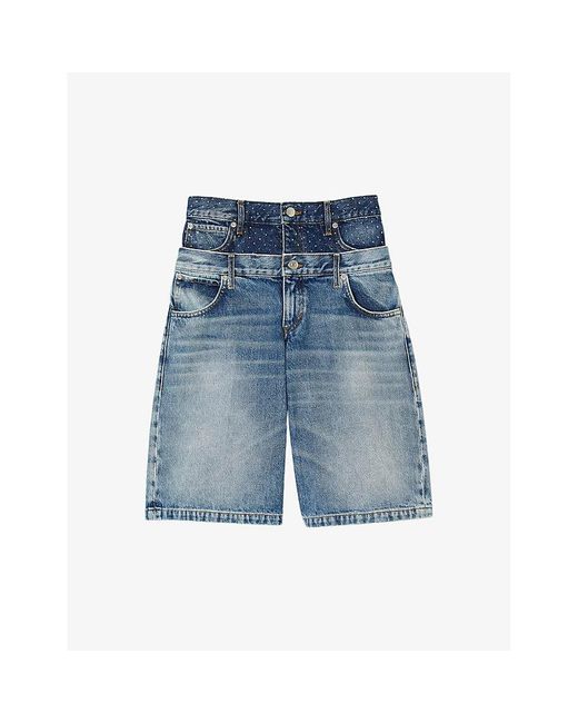 Sandro Blue Double-Waistband Crystal-Embellished Denim Shorts