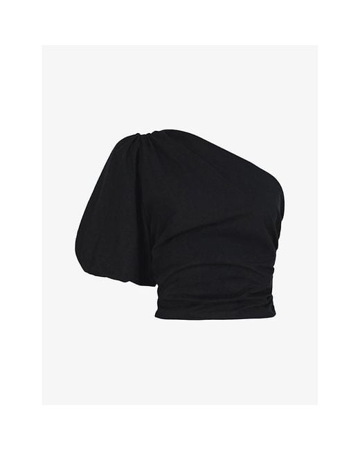 Ro&zo Black One-Shoulder Cropped Cotton-Poplin Top