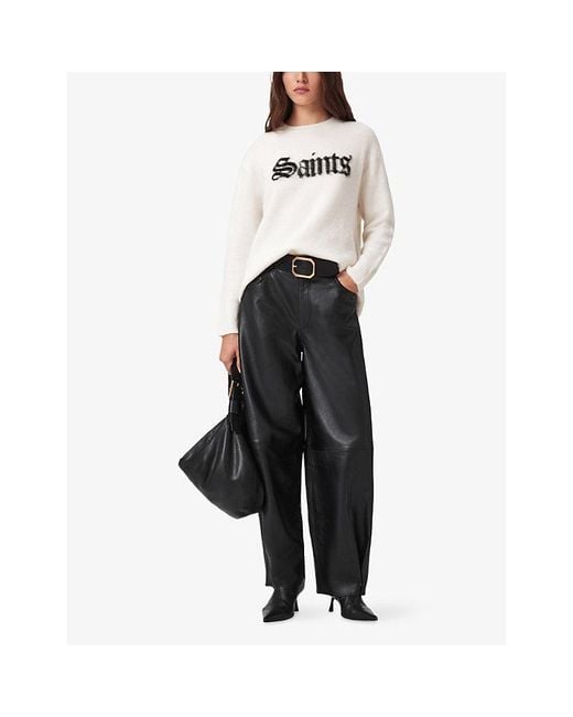AllSaints White Saints Slogan-Print Long-Sleeve Stretch Wool And Alpaca-Blend Jumper