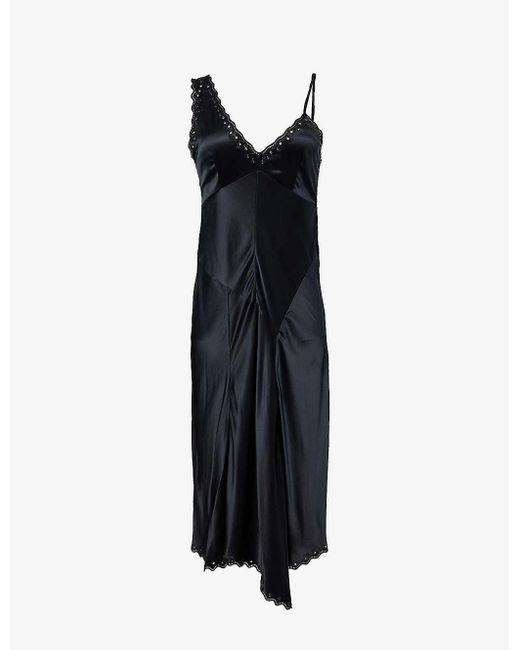 Isabel Marant Black Ayrich Asymmetric Panelled Lace-trim Silk Midi Dress
