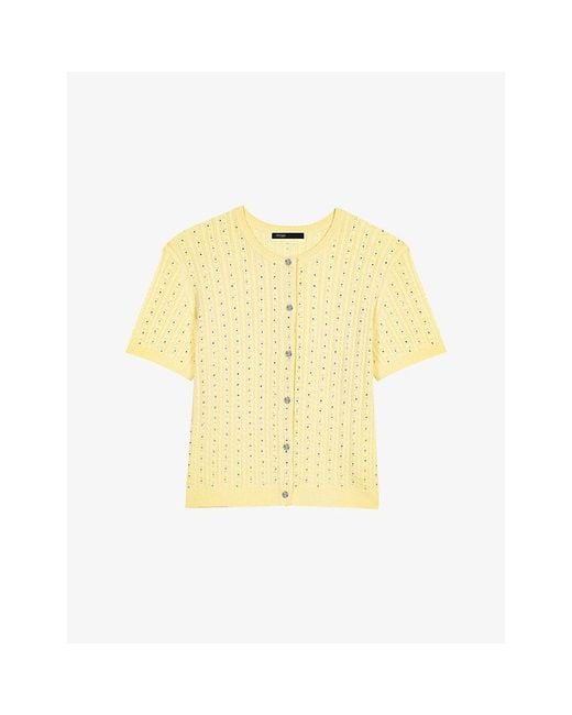 Maje Yellow Rhinestone-Embellished Knitted Cotton Cardigan