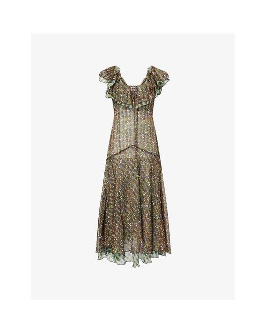Siedres Green Caenes Floral-Print Chiffon Midi Dress