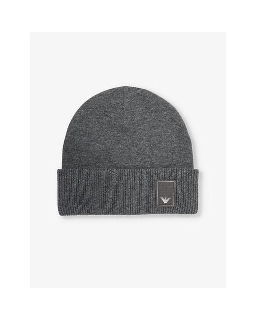 Emporio Armani Gray Brand-Patch Ribbed Stretch-Wool Blend Beanie for men