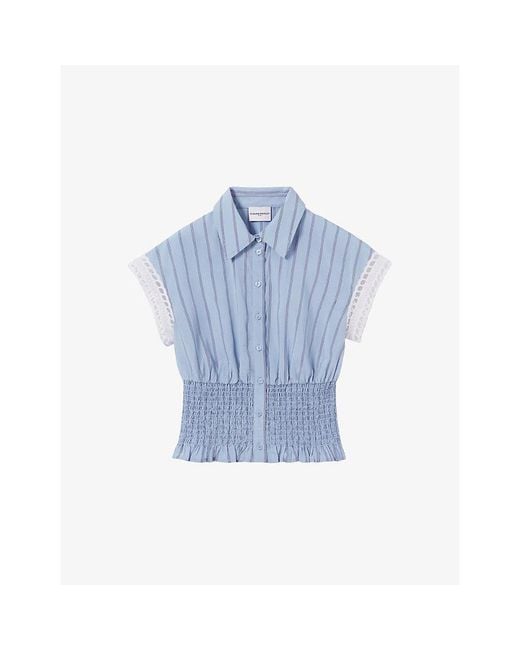 Claudie Pierlot Blue Striped Shirred-Waist Modal-Blend Shirt