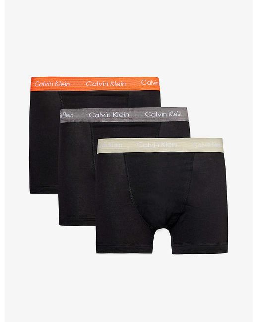 Calvin Klein Black Branded-waistband Mid-rise Pack Of Three Stretch-cotton Trunks for men