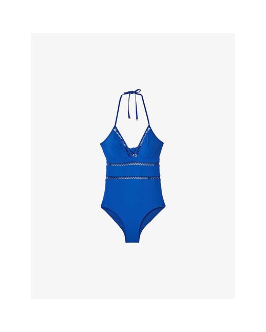 Reiss Blue Gia Halter-neck Lattice-trim Swimsuit