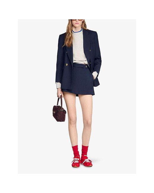 Sandro Blue Striped Flared-Cut Stretch Wool-Blend Mini Skirt